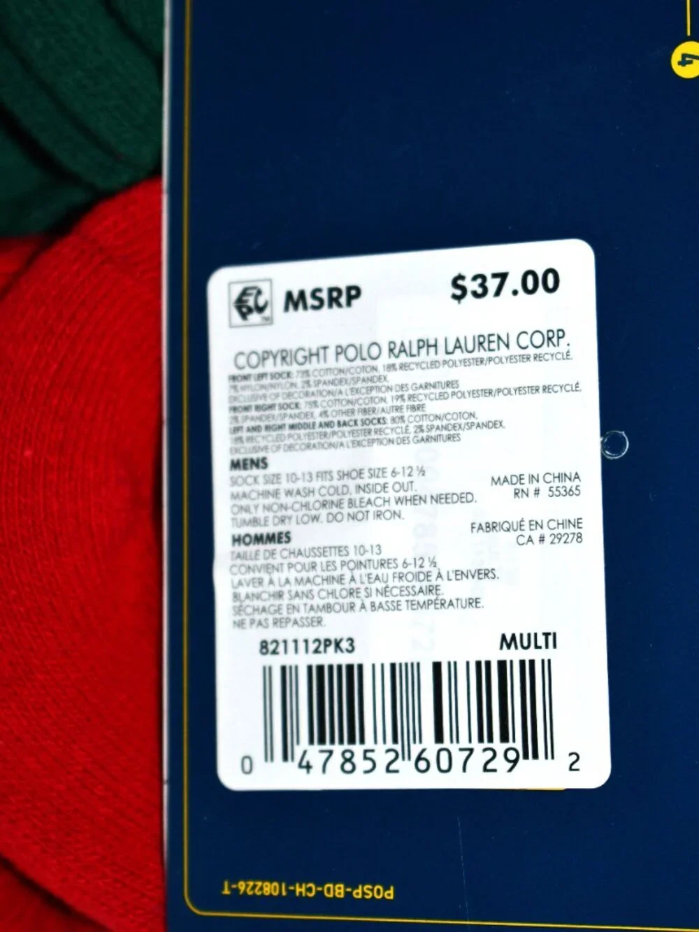 Polo Ralph Lauren Society Bear Socks 6-Pack in Multi #821112PK3 NWT